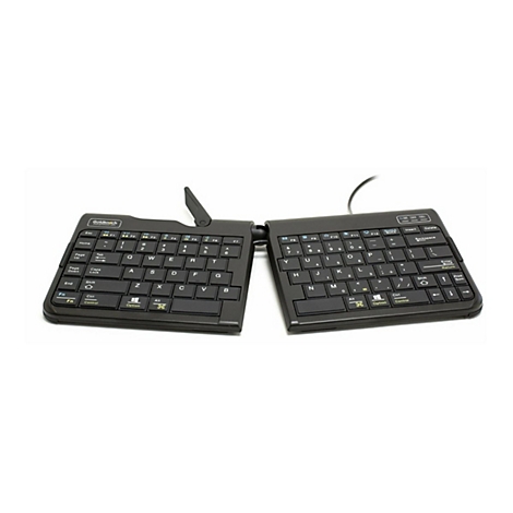 Schwarze, ergonomisch geteilte Goldtouch-Tastatur auf weißem Hintergrund.