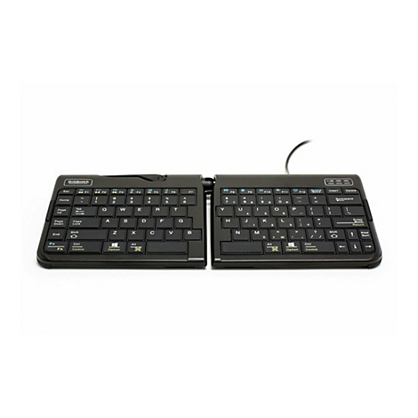 Schwarze, ergonomisch geteilte Tastatur von Goldtouch auf weißem Hintergrund.