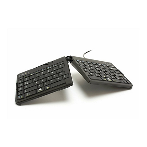 Schwarze, geteilte, ergonomische Goldtouch-Tastatur vor weißem Hintergrund.