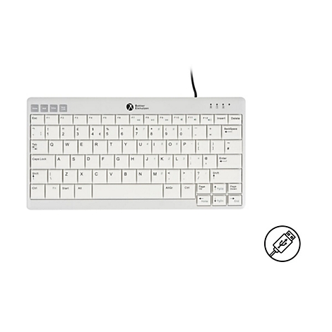 Weiße, kompakte QWERTY-Tastatur von BakkerElkhuizen mit USB-Kabelanschluss vor weißem Hintergrund.