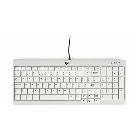 Weiße, kabelgebundene BakkerElkhuizen Tastatur mit QWERTY-Layout und Ziffernblock auf weißem Hintergrund.