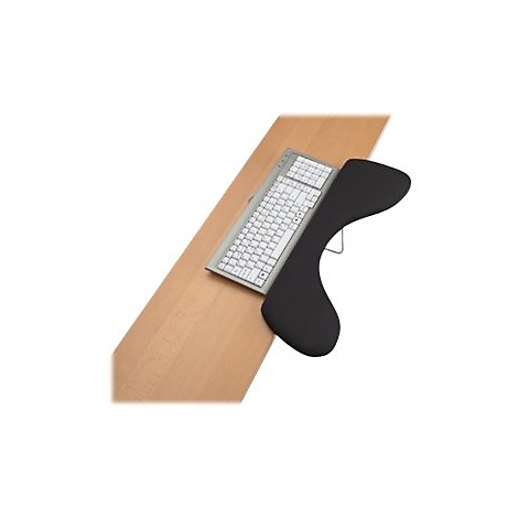Tastaturablage mit weicher, schwarzer Handgelenkstütze, montiert an einer hellen Holzschreibtischplatte.