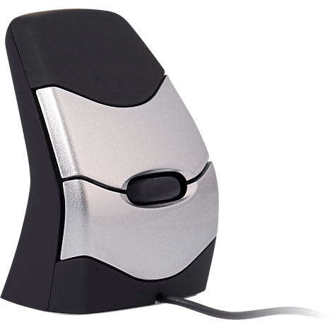 Verticale muis, zwart-zilver, ergonomisch design. Met twee knoppen en een scrollwiel.