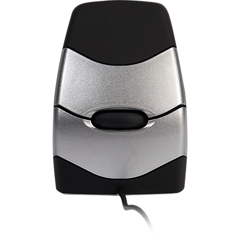 Draadloze, ergonomische muis in zwart en zilver. Het ontwerp is gebogen met een scrollwiel in het midden.