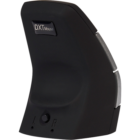 Zwarte ergonomische muis met de tekst "DXT Mouse". De letters L en R zijn te zien op het onderste deel, links en rechts.