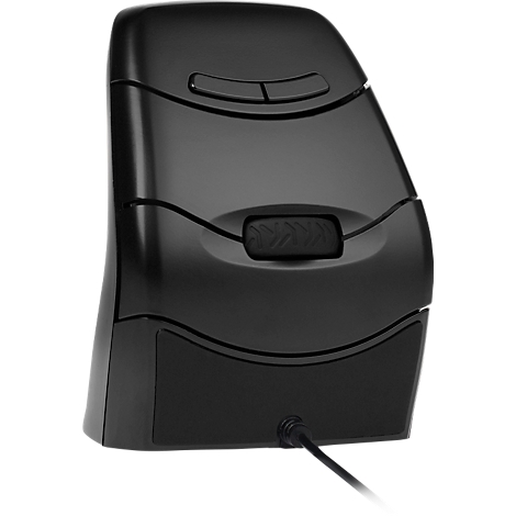 Zwarte ergonomische muis met twee knoppen bovenop en een scrollwiel in het midden. De kabel is zichtbaar.