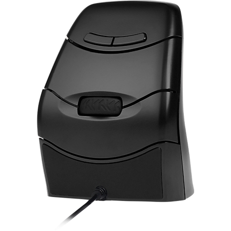 Zwarte, ergonomische muis met scrollwiel en knoppen, kabelaansluiting.