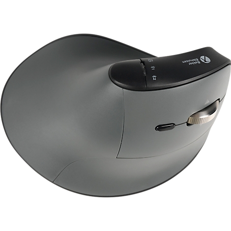 Ergonomische muis, grijs-zwart. Knoppen boven, scrollwiel eronder, een kleine knop rechts.