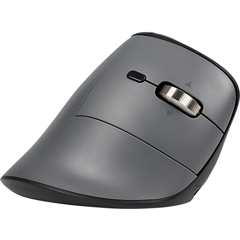 Grijze ergonomische muis, met zilveren scrollwiel en zijknoppen.