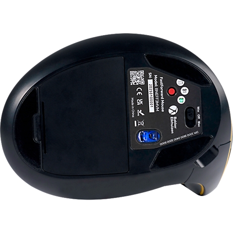 Onderkant van een zwarte, ergonomische muis. Details zijn: fabrikantinformatie, knoppen en instelknoppen.