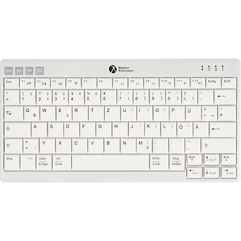 Weiße Tastatur mit Beschriftung. Oberhalb: Logo. Tasten mit Buchstaben und Zeichen.