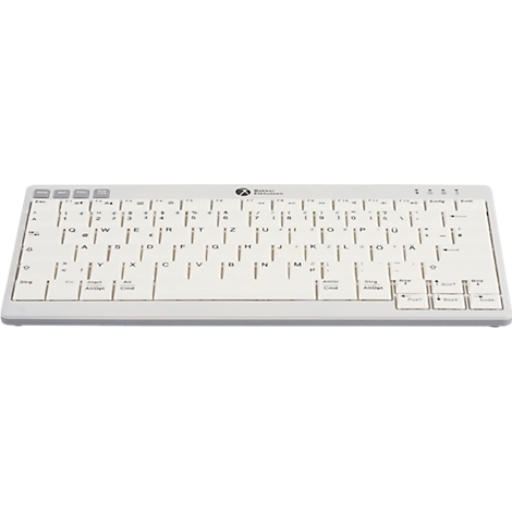 Drahtlose, helle Tastatur mit Buchstaben, Ziffern und Symbolen.
