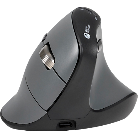 Ergonomische Maus in Grau-Schwarz. Vertikales Design, mit Scrollrad, USB-C-Anschluss und Beschriftung "Besser Ellbogen".