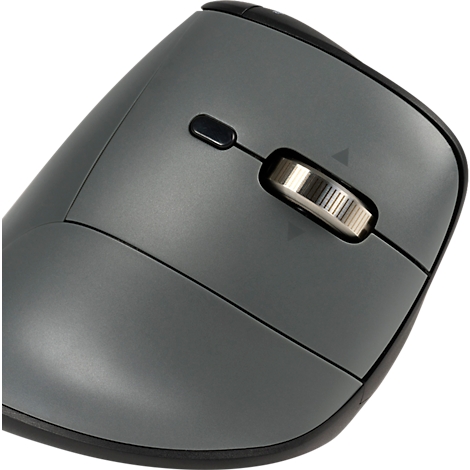 Graue ergonomische Maus von oben; Scrollrad und Knöpfe sind sichtbar.
