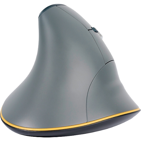 Ergonomische Maus in Grau mit gelber Umrandung. Der vertikale Formfaktor, für eine natürliche Handhaltung.