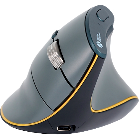 Ein ergonomische Maus in Grau und Schwarz, mit gelben Akzenten. Oben befinden sich eine Rolle und eine Taste.