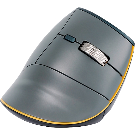 Graue ergonomische Maus mit gelbem Akzent, Scrollrad und Knöpfen.