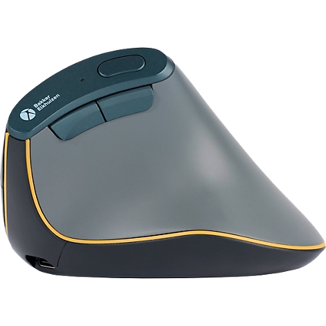 Ergonomische Maus in Grau- und Blautönen. Mit gelben Akzenten, und zwei Knöpfen. Das Logo „Bakker Elkhuizen“ ist zu sehen.