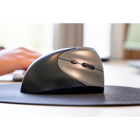 Schwarze, ergonomische Maus. Oben zwei Tasten, Markenlogo. Der Mausfuß ist goldfarben.