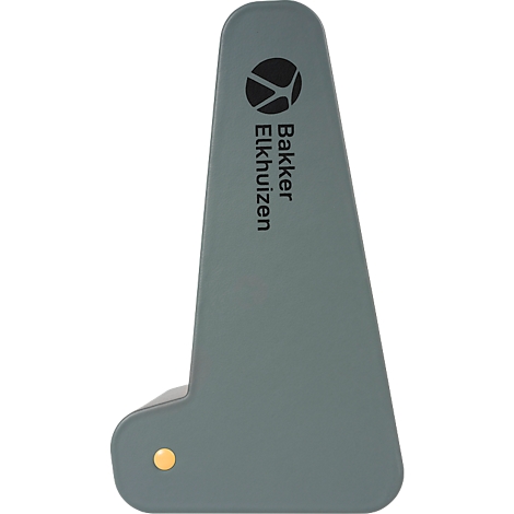 Grijze ergonomische tabletstandaard met logo en tekst Bakker Elkhuizen. Een gele stip markeert de houder.