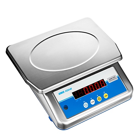 Balance numérique en métal avec panneau de commande bleu et affichage rouge. Une surface de pesée ronde en haut. Le nom de la marque est visible.