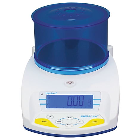 Balance de laboratoire numérique avec protection contre le vent bleue. Affichage: 0,00 g.