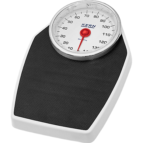 Balance avec marche noire, cadre blanc et cadran. L'aiguille pointe vers 0. L'horloge dit 'KERN'.