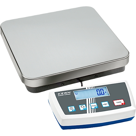 Balance numérique avec écran et panneau de contrôle. L'écran affiche "0.0". Au-dessus se trouve une grande plaque rectangulaire en acier inoxydable.