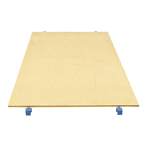 Tablero de madera marrón claro con soportes azules en las esquinas.