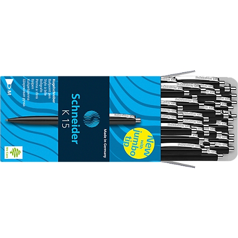 Opened ballpoint pen box with pens, box with blue text: Schneider K15, jumbo tip, made in Germany.
