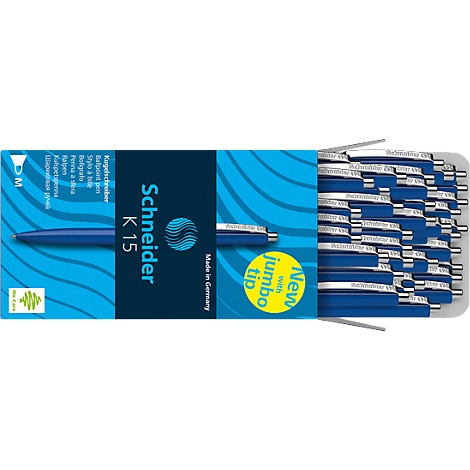 A box of blue Schneider K15 ballpoint pens. The lid shows details including 'New with jumbo tip'.