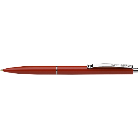 A red ballpoint pen with silver accents and a company logo.