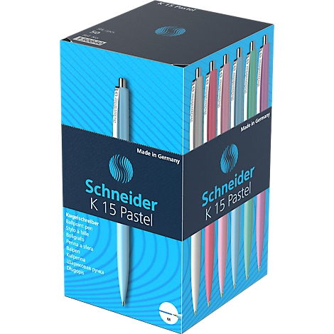 A box of Schneider K15 Pastel ballpoint pens in various pastel colors. The brand name and product name are visible on the box.