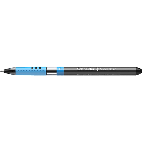 Close-up of a blue and black pen with the inscription "Schneider".