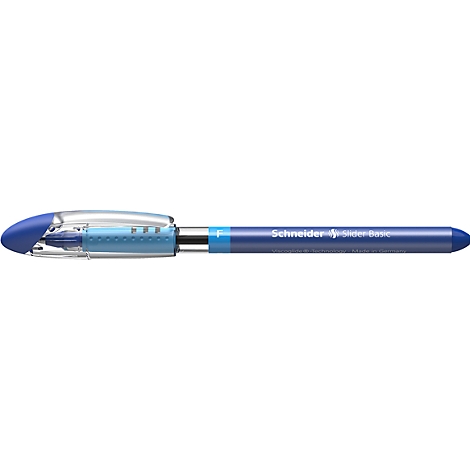 Blue ballpoint pen with transparent housing and the inscription "Schneider Slider Basic".