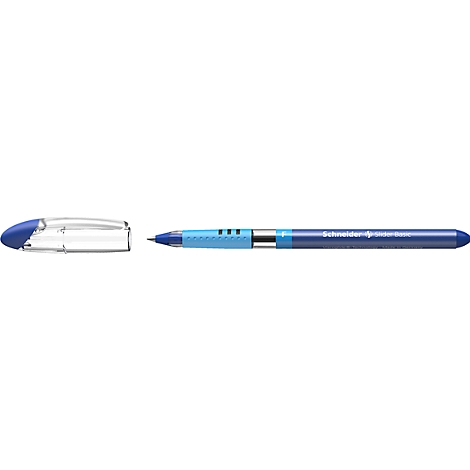 Blue ballpoint pen, partially visible. The pen has a blue tip and a blue barrel, marked with the lettering "Schneider".