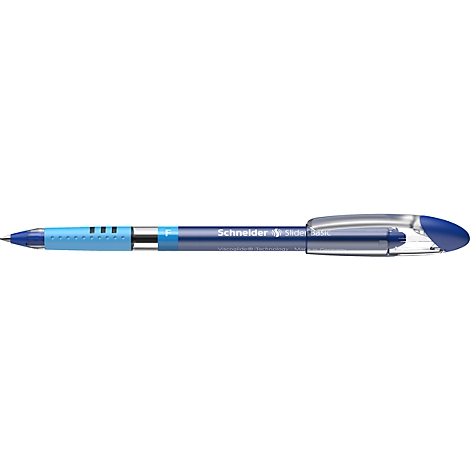 Blue ballpoint pen with a silver clip. The pen has the words "Schneider" and "Slider Memo" on the barrel.