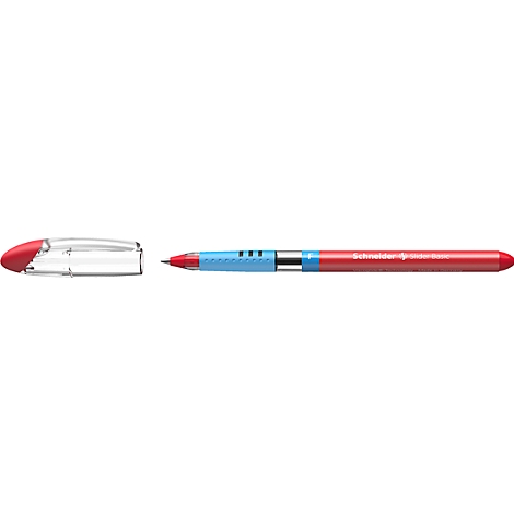 A red Schneider ballpoint pen with blue and silver details and a separate cap.