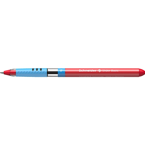 A red pen with a blue middle part and lettering, from the brand Schneider.