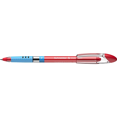 A red Schneider brand ballpoint pen. The pen has a blue and transparent plastic casing.