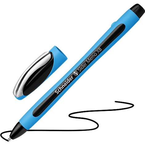 Blue pen, cap next to it. Text: Schneider Slider Memo X8. Black line.