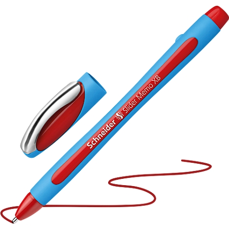 A blue pen with red writing and a red accent, next to it the cap, a red line runs out of the tip.