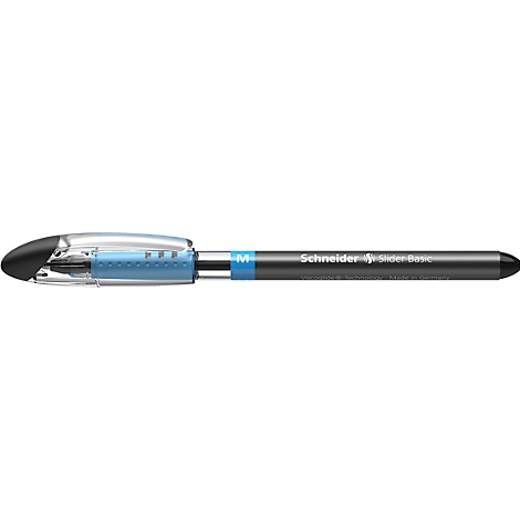 Blue Schneider Slider Basic ballpoint pen, transparent cap, text.
