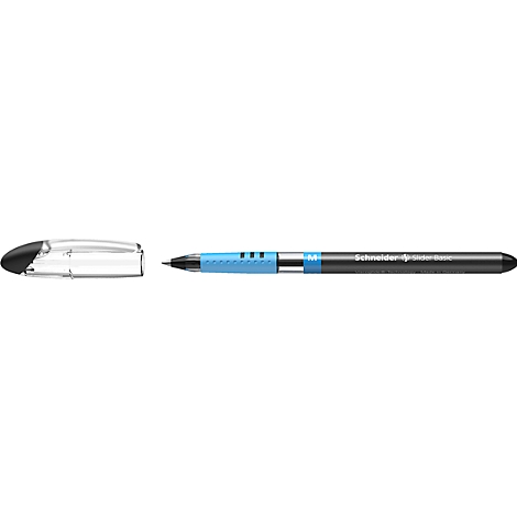 A black ballpoint pen with blue accents and a transparent cap. The pen has the imprint "Schneider".