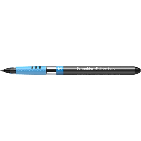 A blue Schneider ballpoint pen, lying down. Black casing, silver tip and blue area with lettering.
