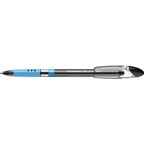 Pen with blue grip, black and gray barrel and silver tip; inscription: Schneider Slider Memo.