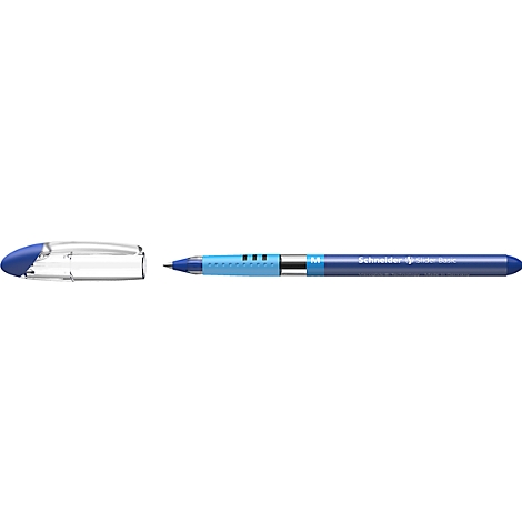 Blue Schneider ballpoint pen. The tip is protected with a blue cover.