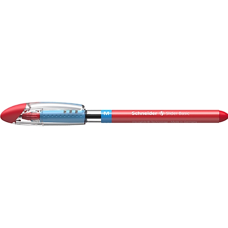 A red ballpoint pen with a blue middle section and a transparent casing. The shaft says "Schneider".