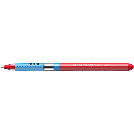 A red ballpoint pen with blue and silver elements. The pen bears the brand name Schneider.