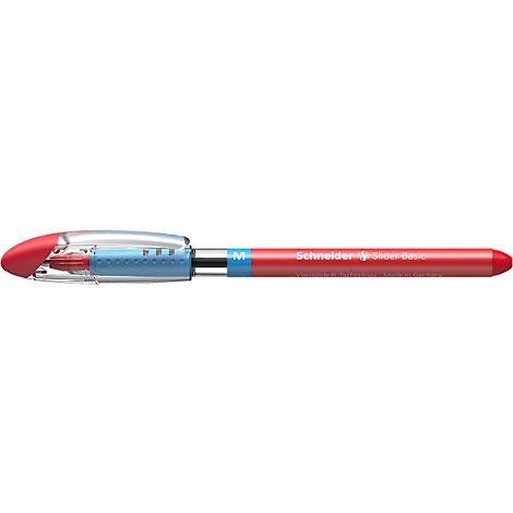 A red ballpoint pen with a blue central section and transparent housing, lying on a surface. The pen says 'Schneider', 'Slider Basic'.